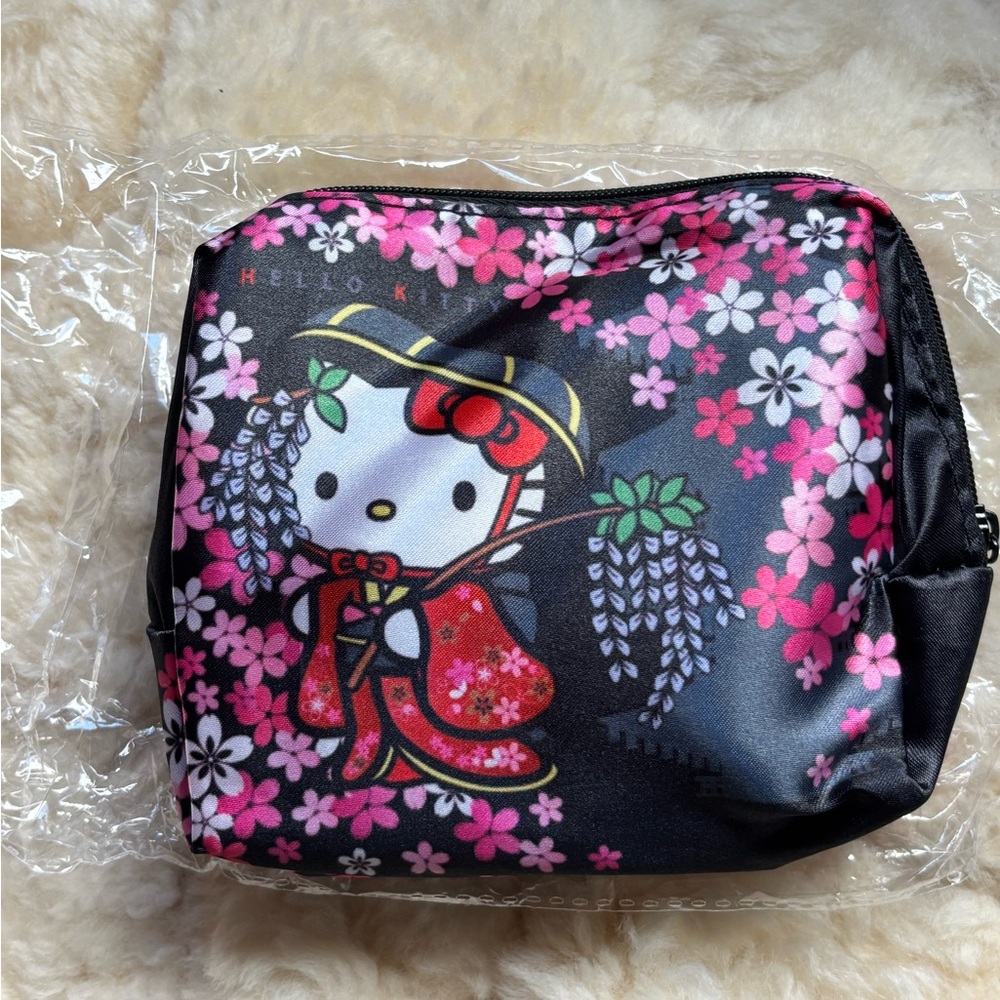 Hello Kitty Black and Pink Cosmetic Bag with Floral Design